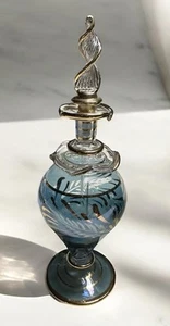 Etched Glass Purfume Bottle Blue Leaves - Picture 1 of 7
