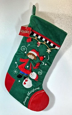 Home For The Holidays Green Red Soft Applique Stocking Girl Snowman Christmas - Image 1 of 4