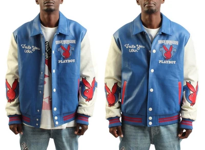 Jaqueta Bombardeiro Rara PlayBoy x True Religion Varsity Azul Masculina Tamanho Médio 109409C - Imagem 1 de 4