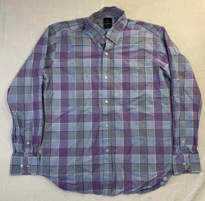 Camisa masculina alfaiataria manga longa azul/roxa média com botões - Imagem 1 de 4