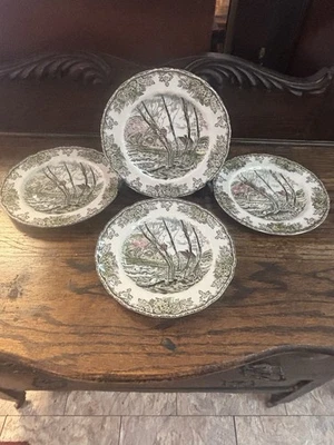 Set 4 VTG JOHNSON BROs The Friendly Village Salad Plates 8" Willow By The Brook - Image 1 of 4