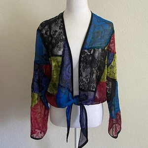 Chico's Silk Blend Patchwork Tie Front Blouse Top Size 2/L Boho Chic Multi Color - Picture 1 of 6