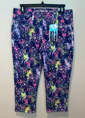 NWT Girls Justice Blue Paint Splatter Stretchy Jeggings Crop Capri Pants Size 18 - Image 1 of 4