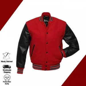 Chaqueta de béisbol Varsity Letterman mangas de cuero negro genuino y lana roja - Imagen 1 de 3
