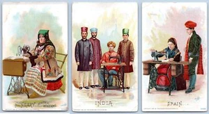 LOTE/3 TARJETAS COLECCIONABLES VICTORIANAS 1892 MÁQUINA DE COSER CANTANTE ESPAÑA HUNGRÍA INDIA - Imagen 1 de 5