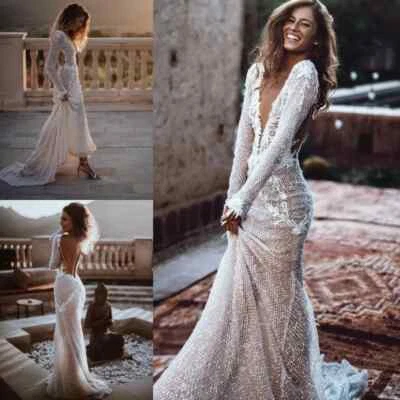 Sexy Backless Wedding Dresses Bling Sequins Beads Beach Boho Bridal Gowns - Image 1 of 4