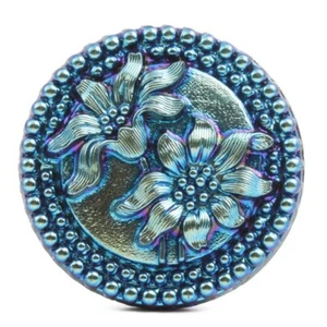 Czech blue metallic Edelweiss flower black shankless glass button cabochon - Picture 1 of 3
