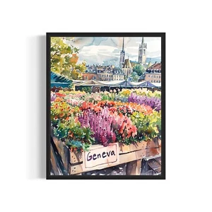 Geneva Switzerland Flower Market Art Print Poster City Wall Art Painting - Picture 1 of 6