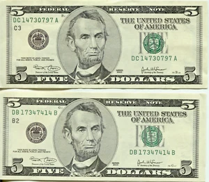 2003 $5 FEDERAL RESERVE NOTES - UNC. CRISP - NEW YORK & PHILADELPHIA - BC 9932 - Picture 1 of 6
