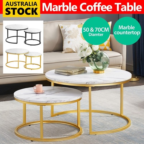 Set of 2 Coffee Table Round Marble Table Furniture For Living Room