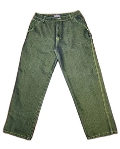 Pantalones de mezclilla oscuros/amarillo holgados 38x34 Y2K años 90 pierna ancha patinador hip hop de colección para hombre - Imagen 1 de 15