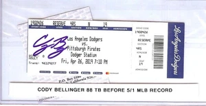 Cody Bellinger Signed Autographed Ticket 88 TB Before 5/1 Record PSA 8A55839 - Picture 1 of 2