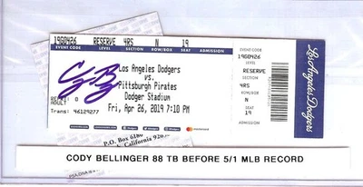 Cody Bellinger Signed Autographed Ticket 88 TB Before 5/1 Record PSA 8A55839 - Image 1 of 2