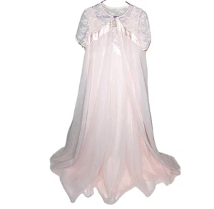 Vintage 50s Pink Chiffon Peignoir Set Shadow Line Lingerie Chantilly Lace - Picture 1 of 16