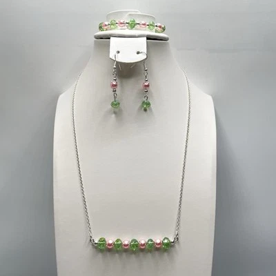 Impresionante conjunto de pulsera collar cadena barra cuentas perlas vidrio verde rosa Foto 1 de 4