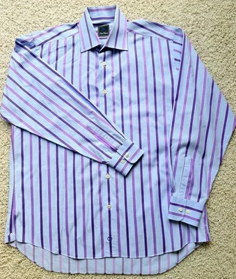 Men’s David Donahue Blue Purple Striped Dress Shirt Size 16.5 34/35 - Image 1 of 4