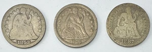 Lote de 3 monedas de diez centavos libertad sentada 1853/1856/1887 antiguas de Estados Unidos 90 % plata P258 - Imagen 1 de 2