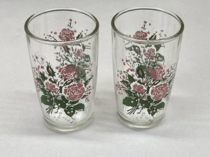 Set Of 2 Vintage RARE Hazel Atlas Pink Roses Drink Juice Glasses - Picture 1 of 11