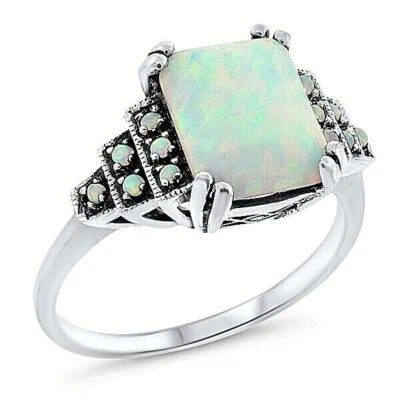 CLASSIC ART DECO STYLE LAB-CREATED OPAL 925 STERLING SILVER RING            648X - Image 1 of 4