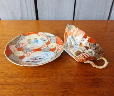 Antique Satsuma Meiji Hand Painted Japanese Porcelain Teacup & Saucer Intricate  - Image 1 of 4