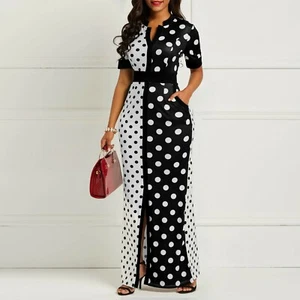 TOSTA Summer Front Split Chiffon Maxi Shirt Slim White Black Polka Lady  Casua - Picture 1 of 6
