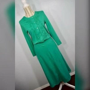 Vestido Vintage Años 80 Liz Claiborne Verde Bordado Talla Pequeña - Imagen 1 de 8