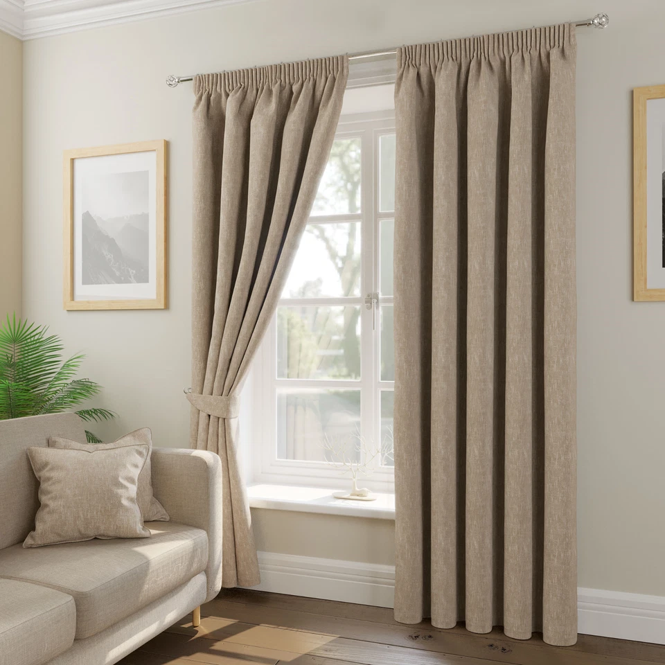 TATTON Lined BEIGE Curtains, Door Curtains, Cushion Covers, Tie Backs. 8 Sizes - Image 1 of 2