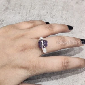 NATURAL ROUGH AMETHYST FEB BIRTHSTONE 925 STERLING SILVER WIRE THANKSGIVING RING - Picture 1 of 5