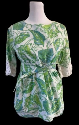 Lilly Pulitzer Jubilee Girls Green White Shell Print Belted Top Crochet Trim 14 - Image 1 of 4