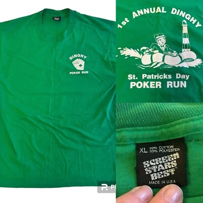Vtg 80's Screen Stars Camiseta de Hombre DINGHY POKER RUN Green ST PATRICKS DAY 50/50 Foto 1 de 4
