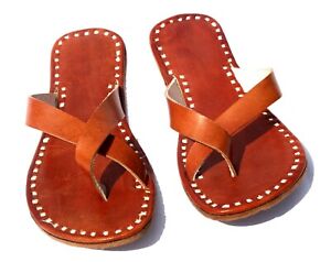 Womens genuine leather sandals slippers slides flip flops handmade in India tan