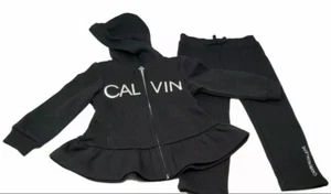 Calvin Klein Toddler Girls 2 Piece Logo Ruffled Hoodie Jacket Pant Set, Sz 5 & 6 - Picture 1 of 3