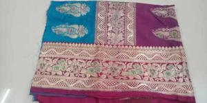 Om Vintage Pure Silk Zari Work Brocade Multipurpose Blue Piece Fabric M243 - Picture 1 of 7