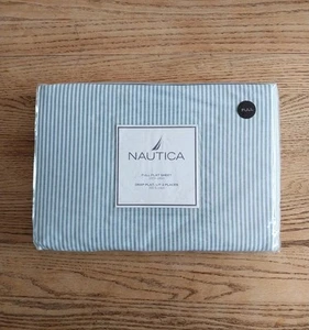 Lenzuolo intero piatto Nautica Cambridge righe 100% cotone blu bianco Oxford nuovo - Foto 1 di 5