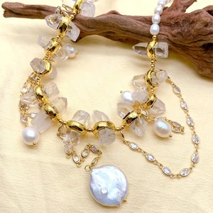 Freshwater White Rice Pearl White Quartz Druzy Pendant Fringe Necklace Gift - Picture 1 of 7