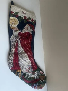 Lands End Wool Needlepoint Christmas Stocking Old Time Santa & Gifts Blue Velvet - Picture 1 of 2
