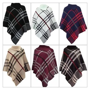 WOMENS LADIES PONCHO TARTAN PRINT CHECK KNITTED CAPE WARM WINTER SHAWL JUMPER UK - Picture 1 of 1