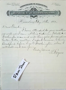 1882 Harrisburg PA LH COMMONWEALTH OF PA DEPARTAMENTO DE ASUNTOS INTERNOS ROGERS - Imagen 1 de 1
