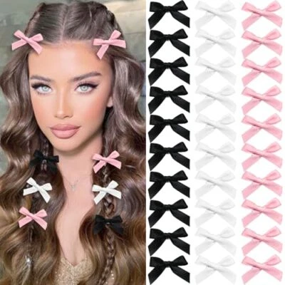 30PCS Bow Hair Clips, Pink Satin Material Mini Bowknot Ribbons Black-White-Pink - Image 1 of 4