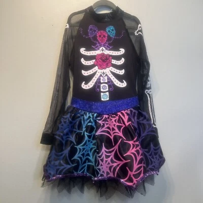 Day of the Dead Child Costume Bones Dress Halloween M 8-10 Wednesday Goth - Image 1 of 4