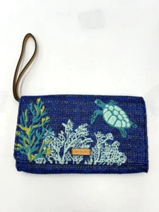 Vera Bradley Straw Beach Wristlet Clutch Sea Turtle Navy Blue Embroidered - Picture 1 of 5