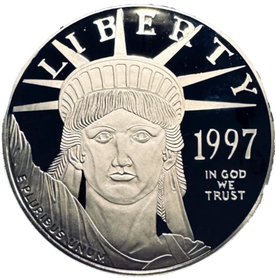 1997 Ultra Cameo Liberty  Proof, Platinum Plated 4 Oz .999 Fine Silver, X-Gem - Image 1 of 4