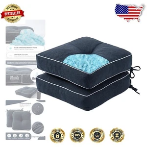 Tufted Navy Chair Cushions - Portable Memory Foam Seat Pads with Ties, 2 Pack - Picture 1 of 9