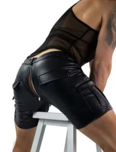 Men's New Back Zipper Black Leather knee Length Slim Fit Cargo Short Gay Pants - Picture 1 of 3