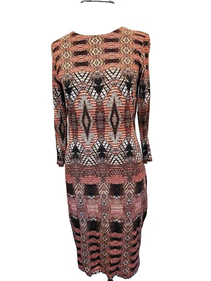 Y2K 90s Size Small Karen Kane Boho Print Bodycon Dress Stretch 3/4 Sleeve Office - Image 1 of 4