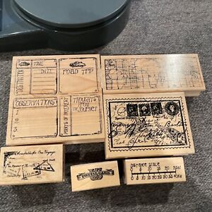 CLUB SCRAP Wood RUBBER STAMP Lot of 6, Travel Theme, Map, Postage