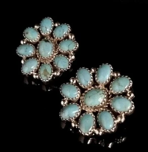 Navajo Signed Turquoise Sterling Cluster Post Earrings By Sally Yazzie - Picture 1 of 11