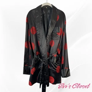 Vintage 1950s Shawl Collar Black Red Satin Robe Smoking Jacket Lounge Belted - Picture 1 of 6