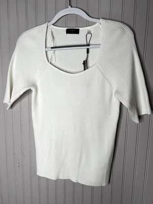 Suéter Tahari Para Mujer Grande Blanco Acanalado Tejido Manga Corta Cuello Redondo Elástico Foto 1 de 4