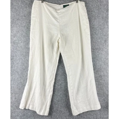 Lauren Ralph Lauren 100% Linen Pant Womens 16 White Lined Wide Leg Crop Classic - Image 1 of 4